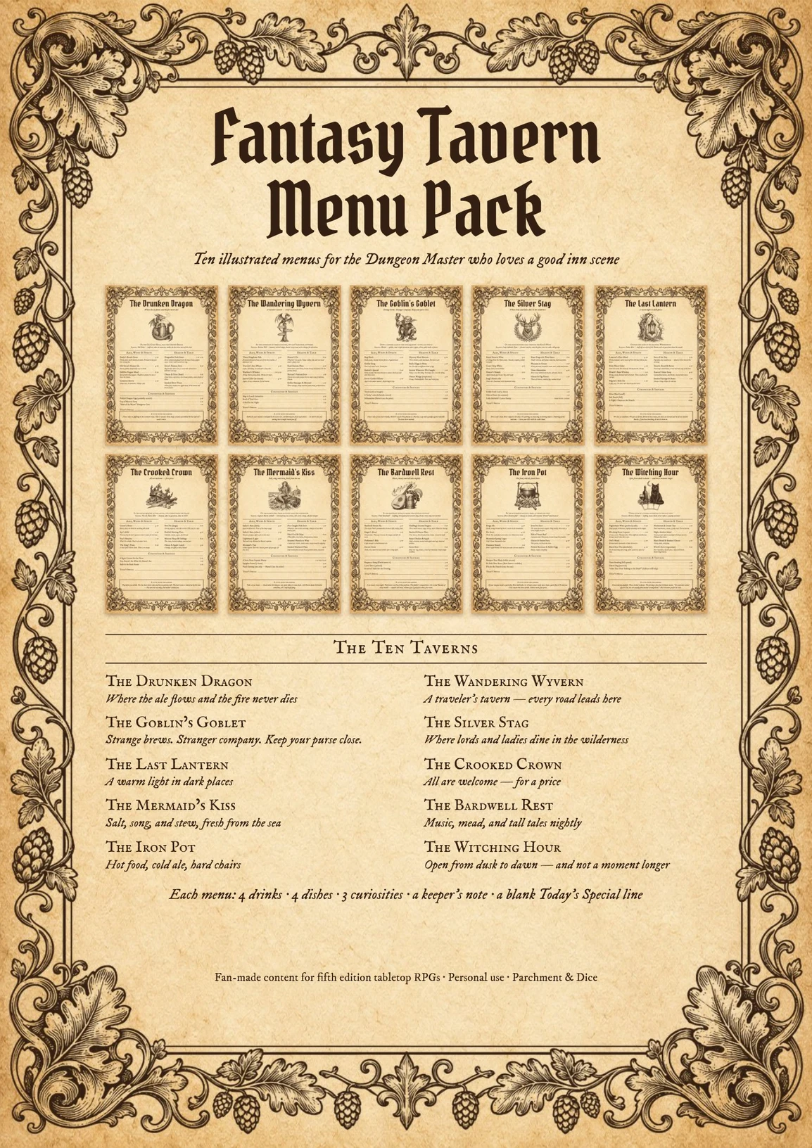 DnD Tavern Menu Printable — Preview page 1