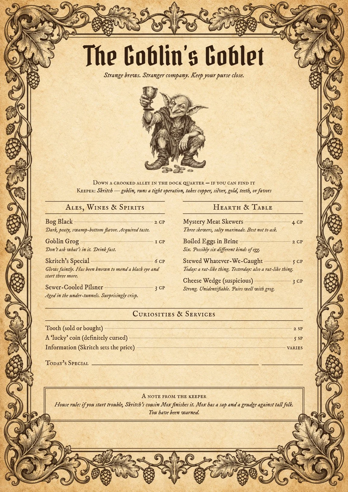 DnD Tavern Menu Printable — Preview page 4