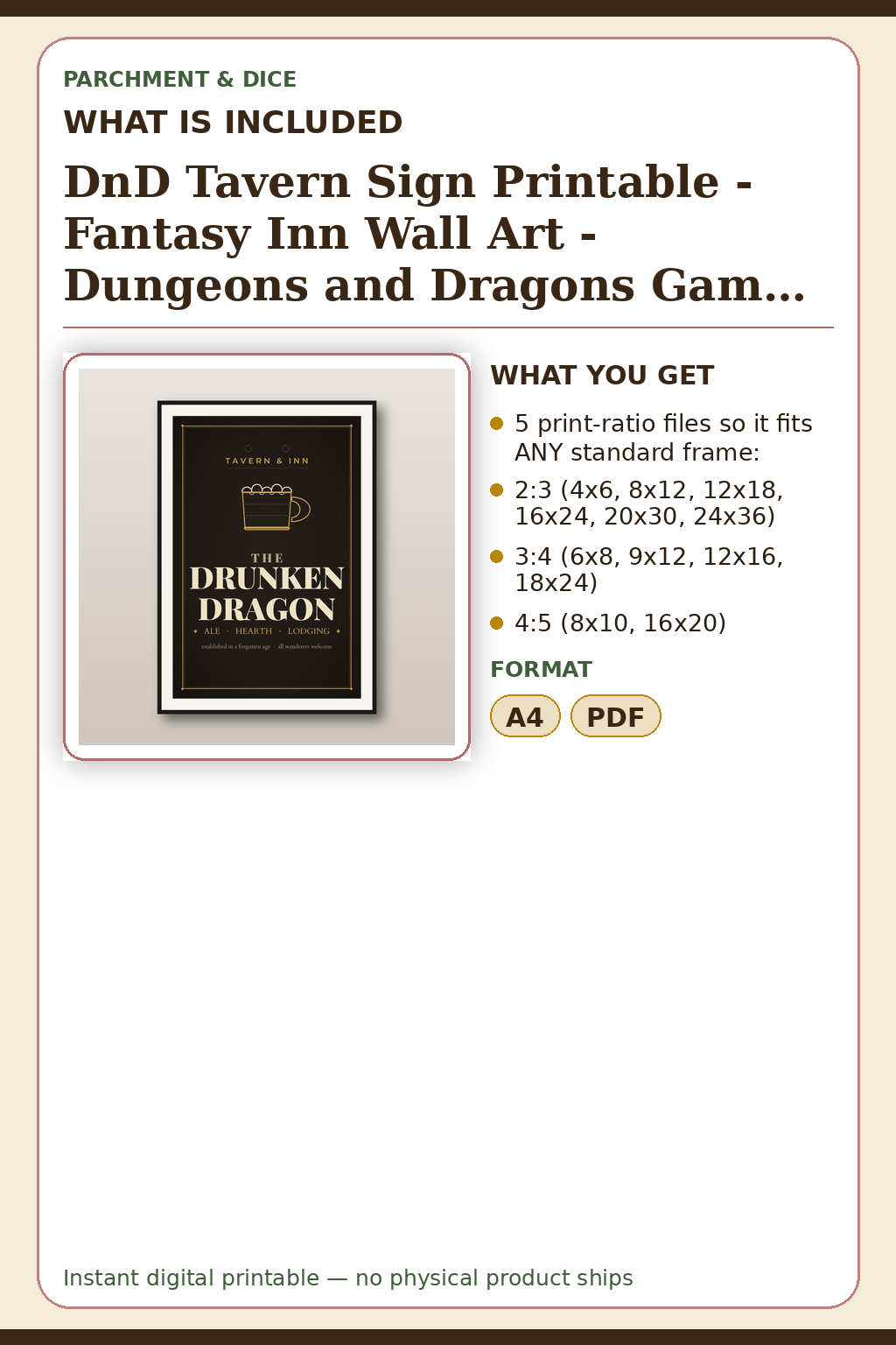DnD Tavern Sign Printable - Fantasy Inn Wall Art - Dungeons and Dragons Game Room Decor - Tabletop RPG Bar Sign Poster - Instant Download — What is included