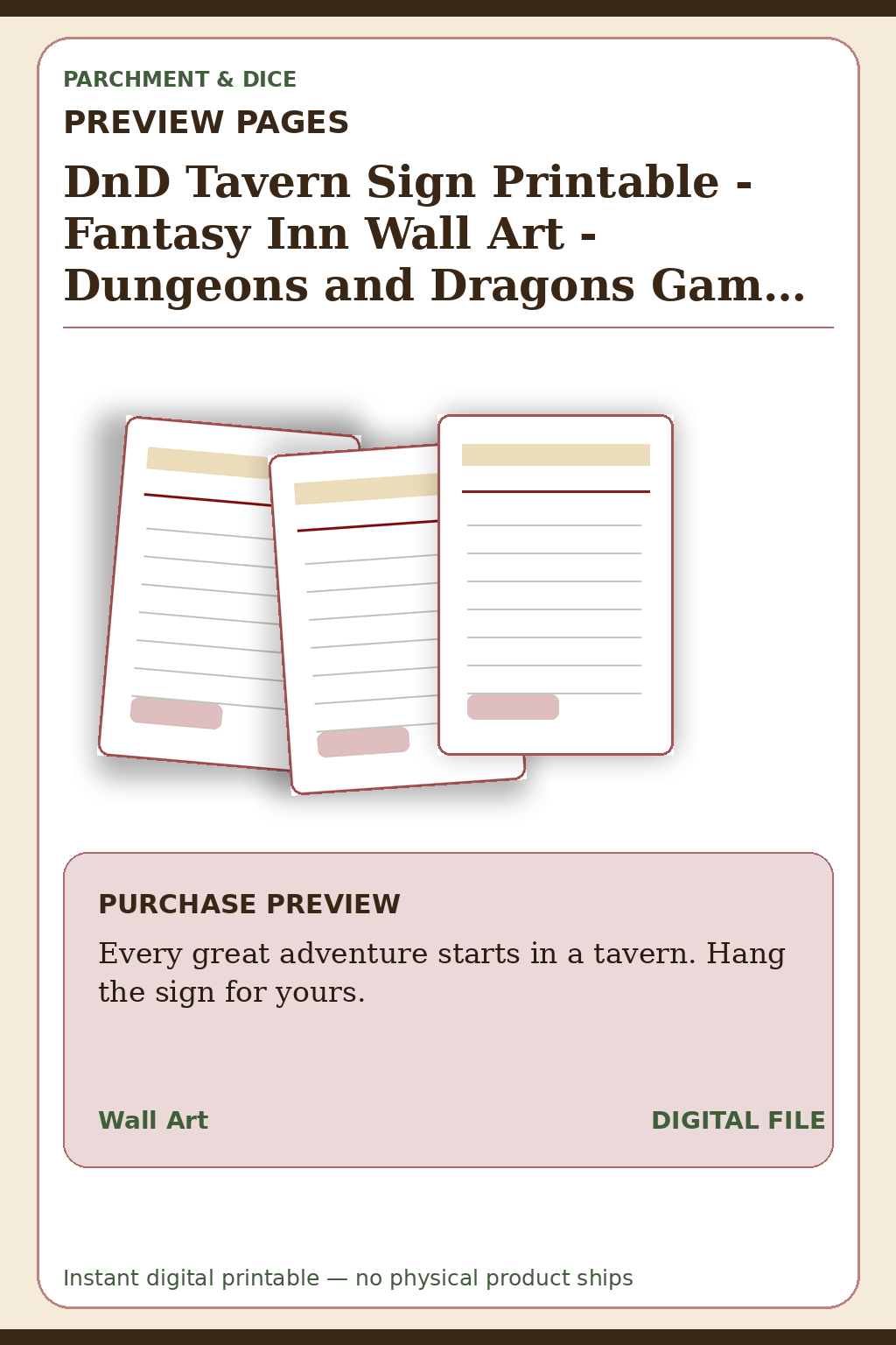 DnD Tavern Sign Printable - Fantasy Inn Wall Art - Dungeons and Dragons Game Room Decor - Tabletop RPG Bar Sign Poster - Instant Download — Tavern Sign Preview Pages
