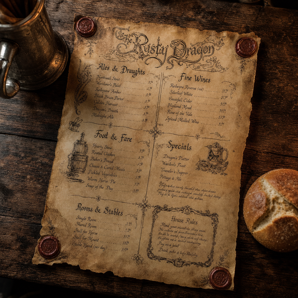 DnD Tavern Menu Printable — Ten fantasy tavern menus for your table