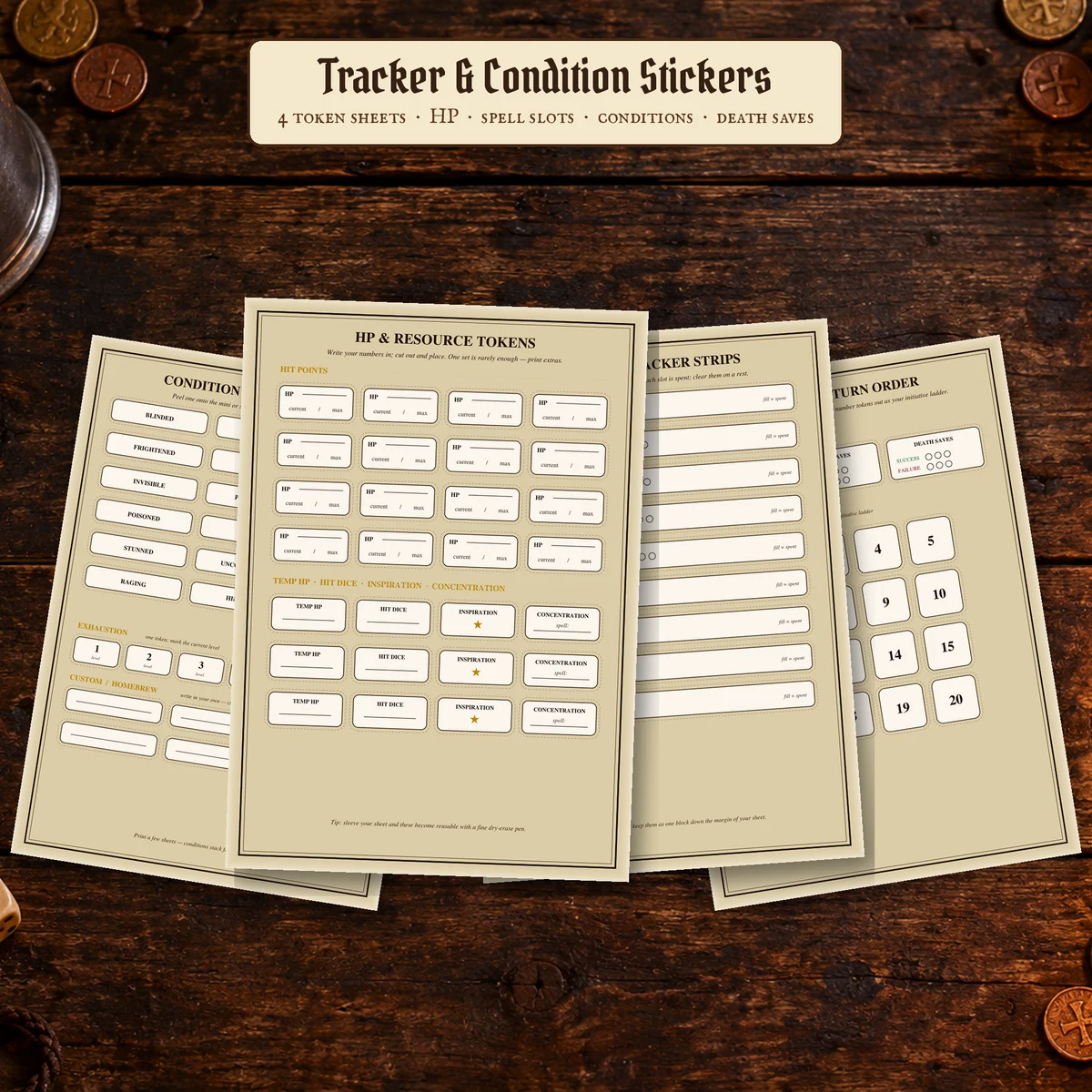 DnD Tracker and Condition Sticker Sheet Printable - 5e HP Spell Slot Death Save Markers - Cut Out Combat Tokens - Instant Download — 5e HP Spell Slot Death Save Markers - Cut Out Combat Tokens - Instant Download