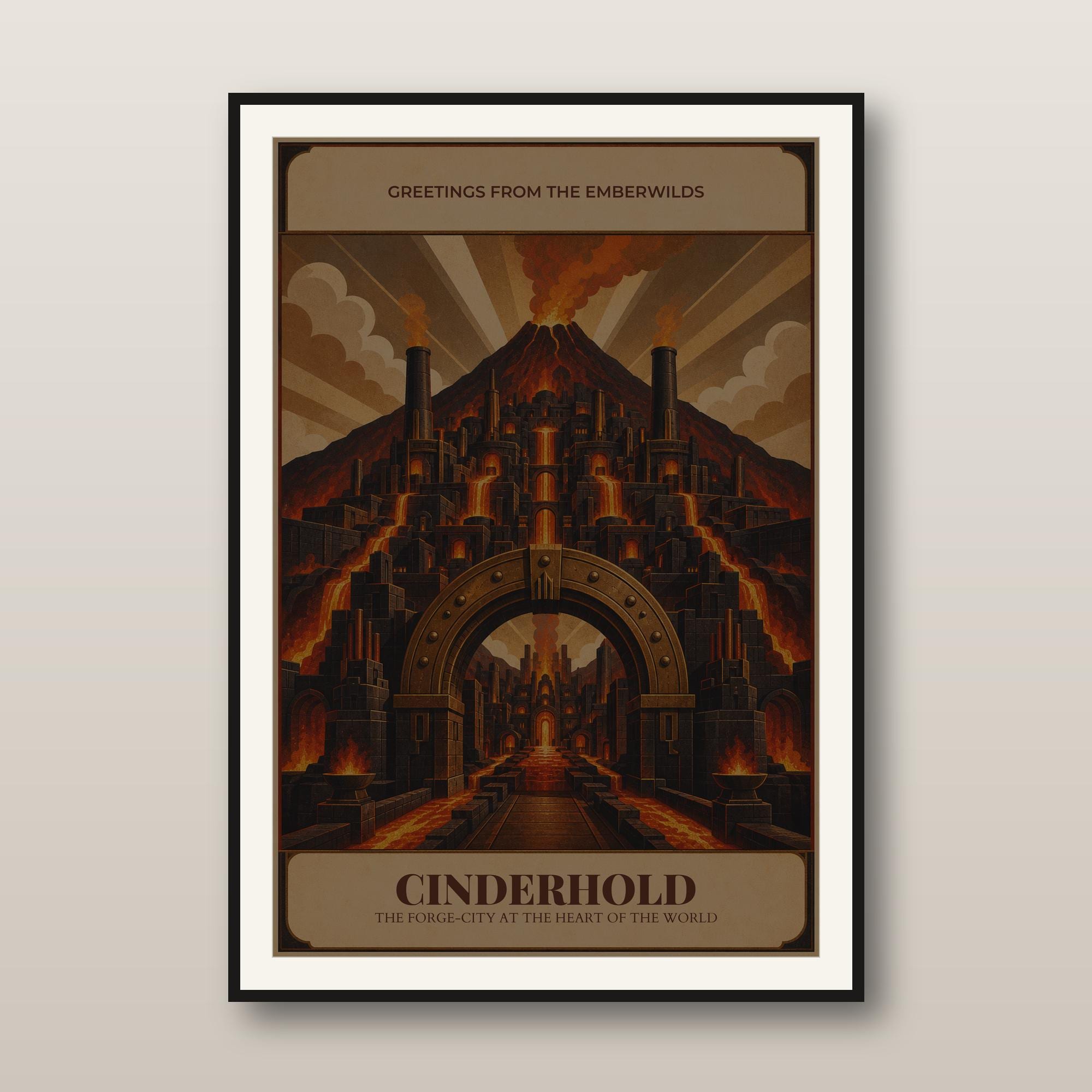 Fantasy Travel Poster - DnD Wall Art - Art Deco Volcano Forge City Print - Original Fantasy World - Dungeon Master Gift - Instant Download — DnD Wall Art - Art Deco Volcano Forge City Print - Original Fantasy World - Dung
