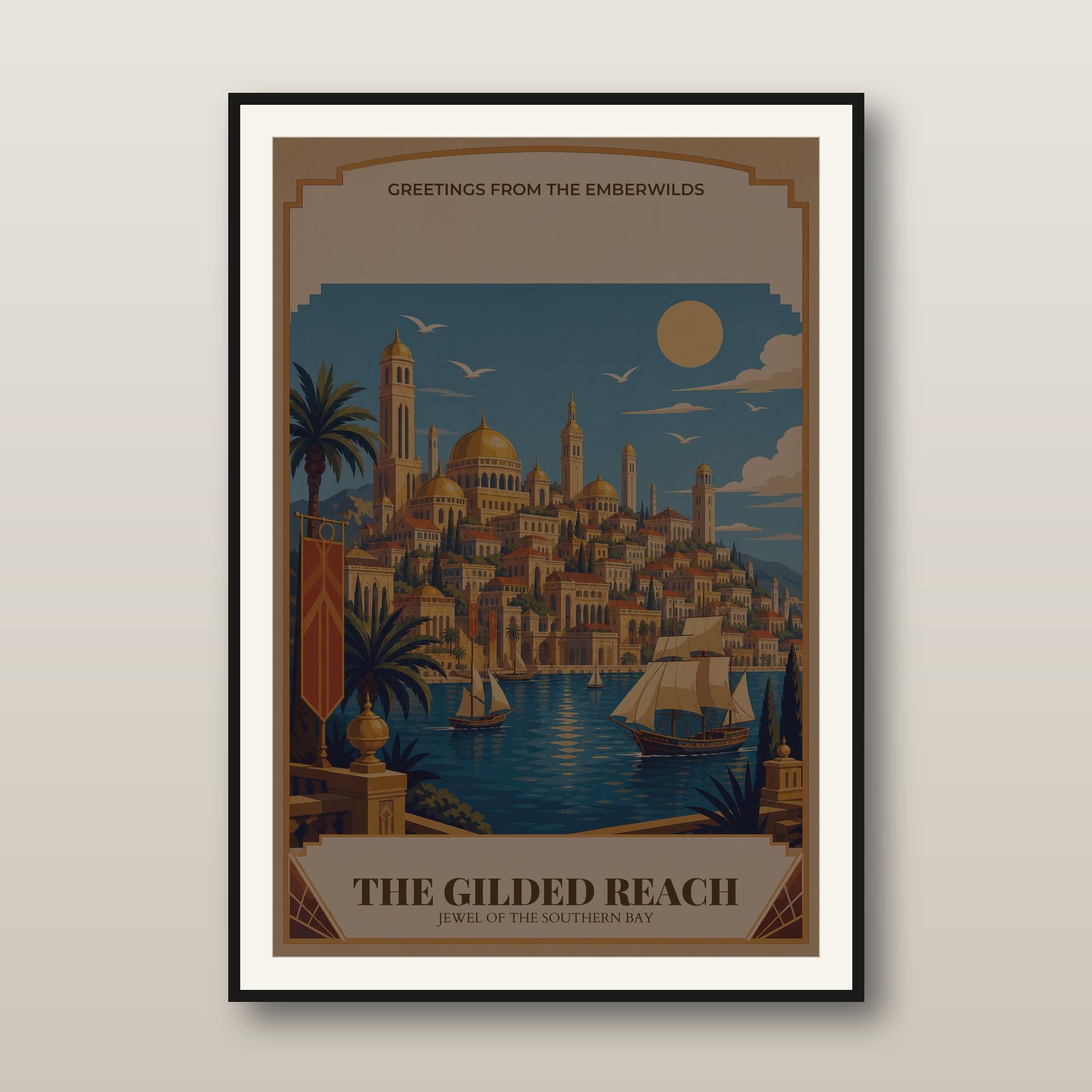 Fantasy Travel Poster - DnD Wall Art - Art Deco Golden City Print - Original Fantasy World - Dungeon Master Gift - Instant Download — DnD Wall Art - Art Deco Golden City Print - Original Fantasy World - Dungeon Mas