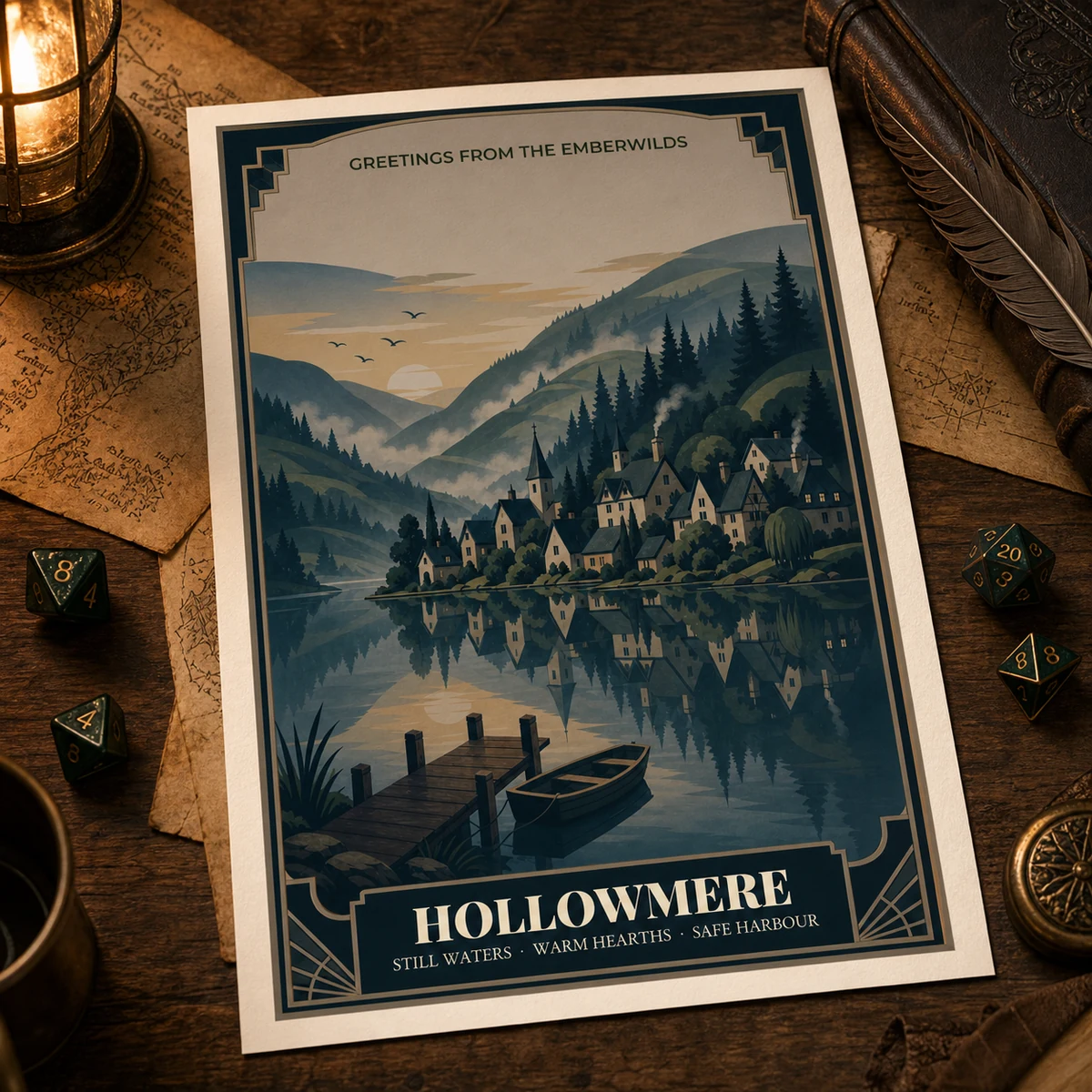 Fantasy Travel Poster - DnD Wall Art - Vintage Art Deco Lake Village Print - Original Fantasy World - Dungeon Master Gift - Instant Download — DnD Wall Art - Vintage Art Deco Lake Village Print - Original Fantasy World - Du