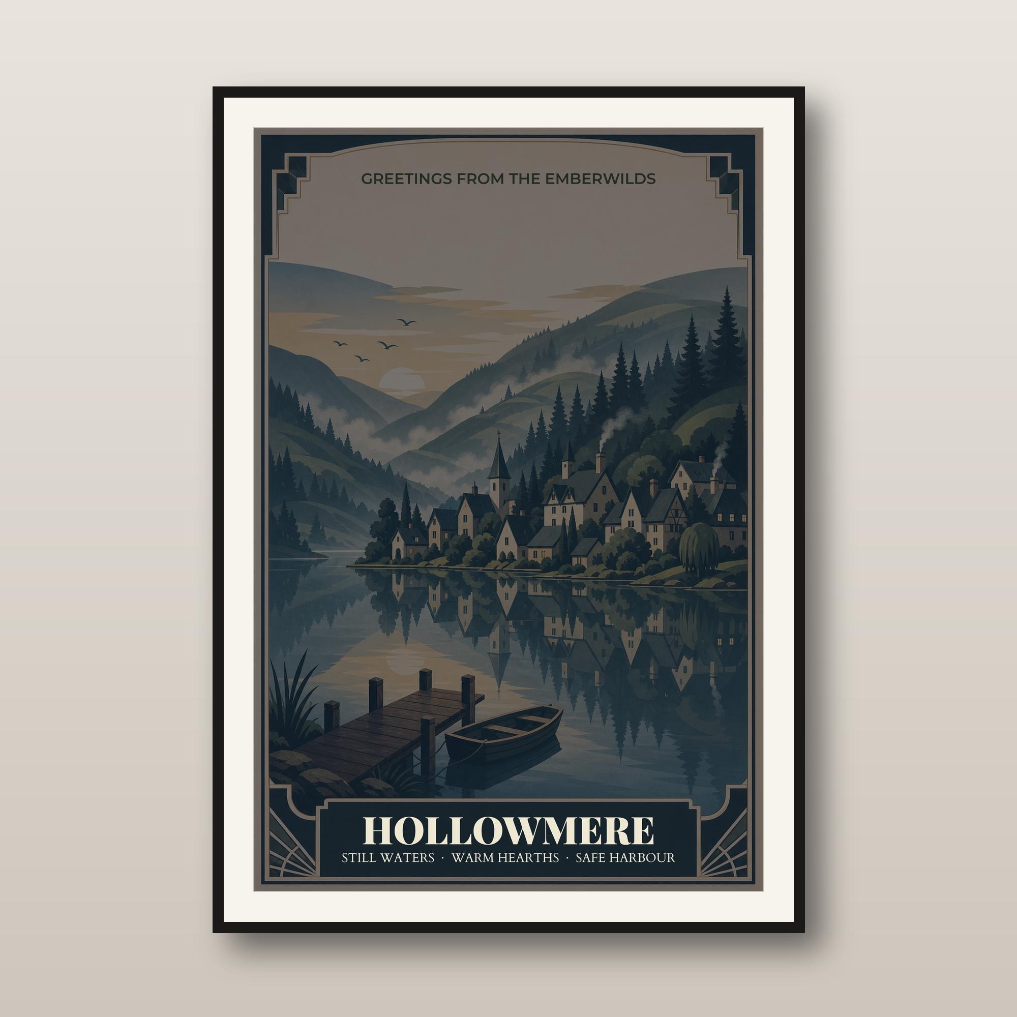 Fantasy Travel Poster - DnD Wall Art - Vintage Art Deco Lake Village Print - Original Fantasy World - Dungeon Master Gift - Instant Download — DnD Wall Art - Vintage Art Deco Lake Village Print - Original Fantasy World - Du