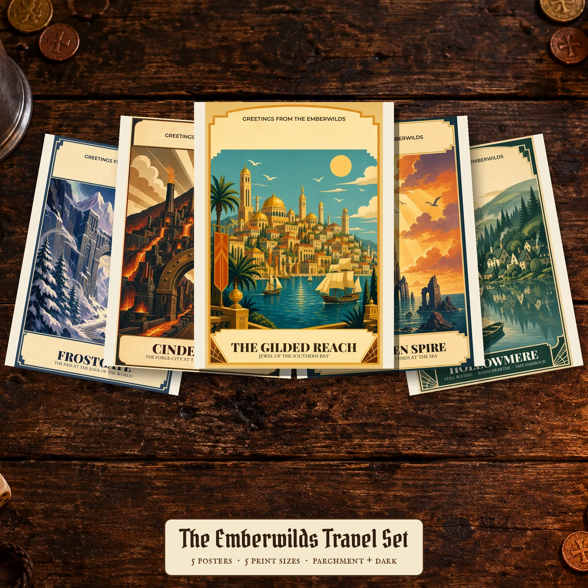 Fantasy Travel Poster Set of 5 - DnD Wall Art Bundle - Art Deco Fantasy World - Gallery Wall Set - Instant Download — DnD Wall Art Bundle - Art Deco Fantasy World - Gallery Wall Set - Instant Downlo