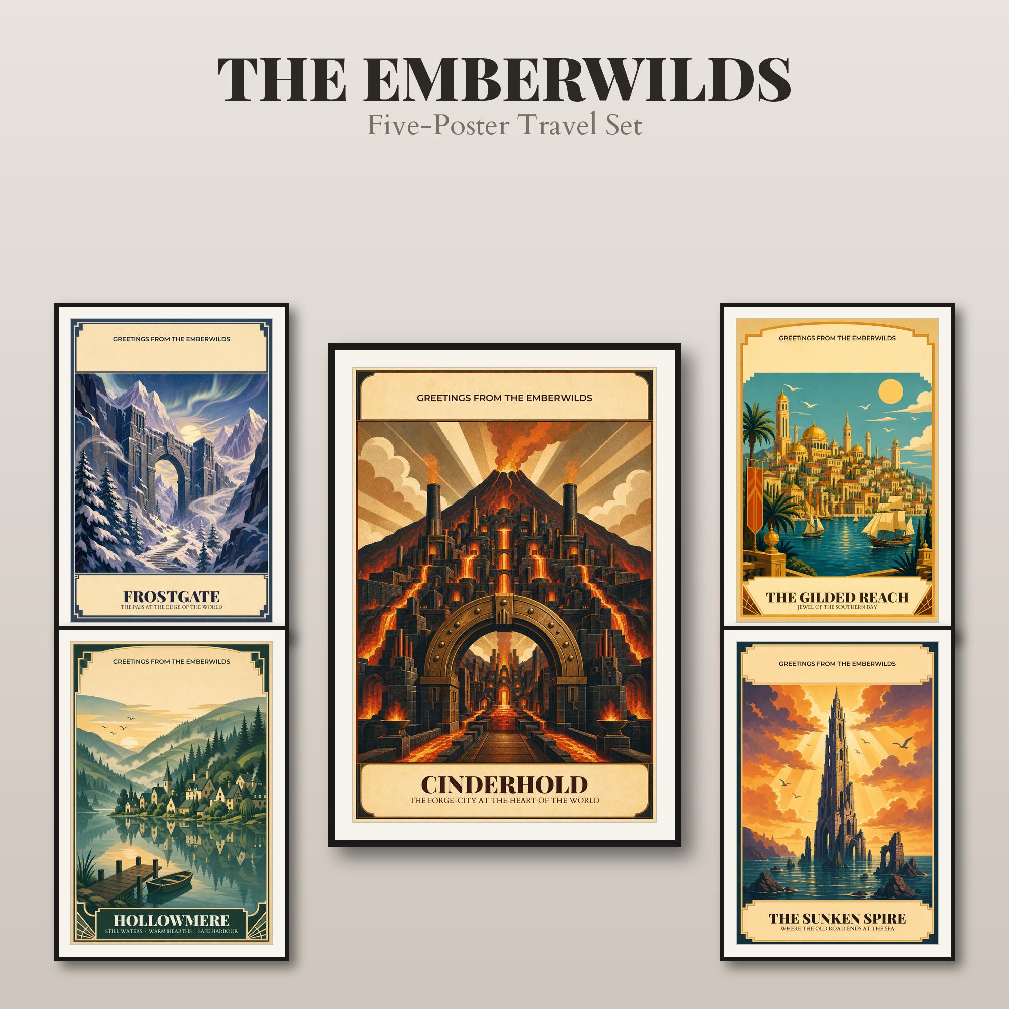 Fantasy Travel Poster Set of 5 - DnD Wall Art Bundle - Art Deco Fantasy World - Gallery Wall Set - Instant Download — DnD Wall Art Bundle - Art Deco Fantasy World - Gallery Wall Set - Instant Downlo