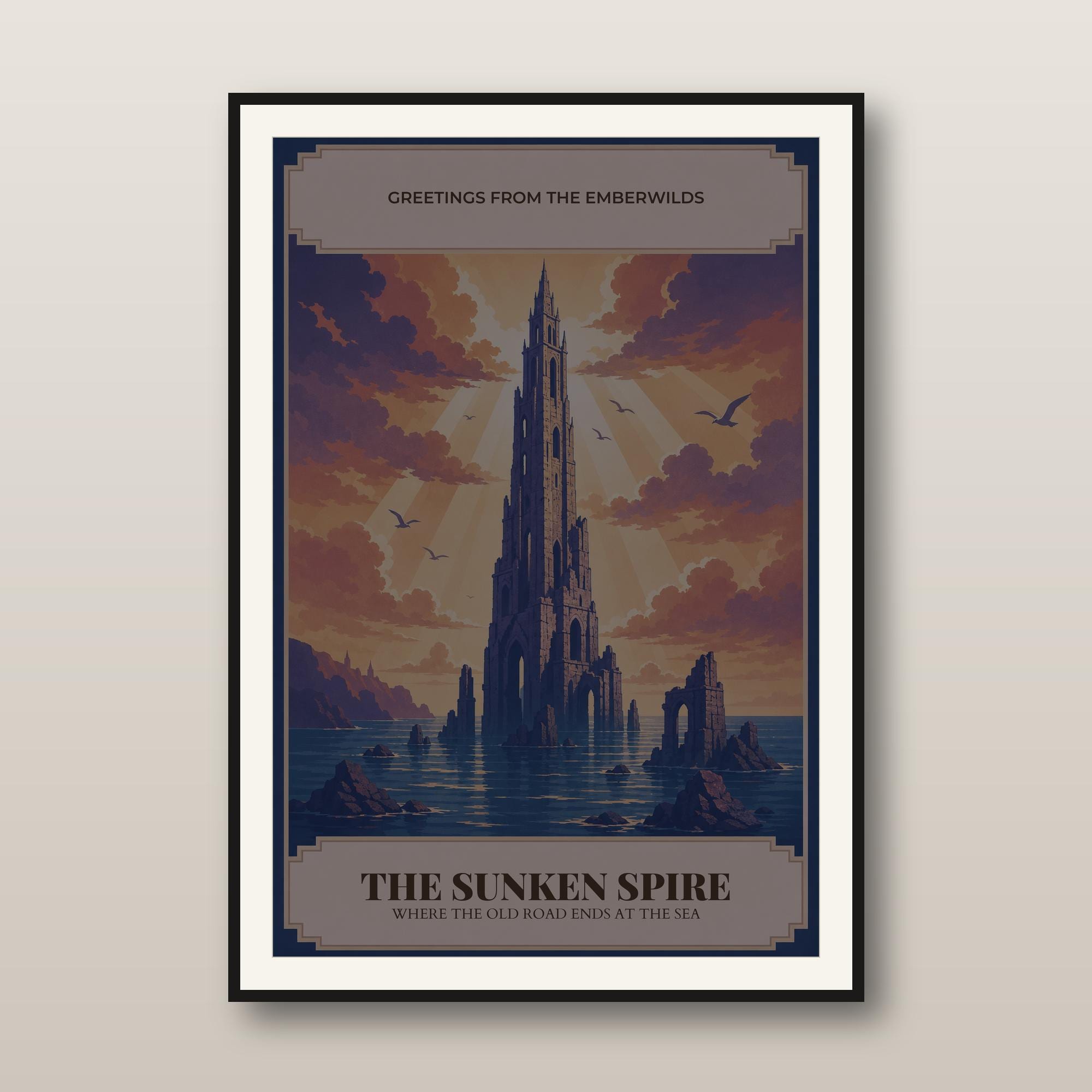 Fantasy Travel Poster - DnD Wall Art - Vintage Art Deco Adventure Print - Original Fantasy World - Dungeon Master Gift - Instant Download — DnD Wall Art - Vintage Art Deco Adventure Print - Original Fantasy World - Dunge