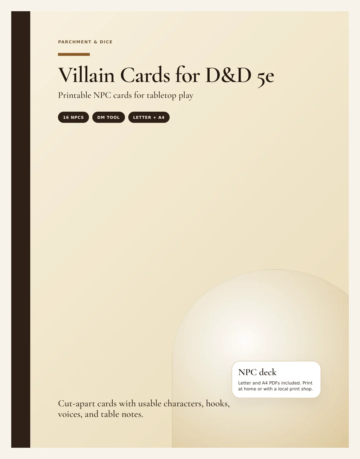 Villain Cards for DnD 5e | 16 Ready to Drop BBEG Villains with Stat Blocks, Voice and Schemes | Printable DM Tool | A4 and Letter — Preview page 1