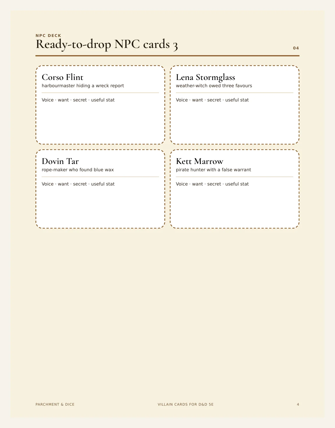 Villain Cards for DnD 5e | 16 Ready to Drop BBEG Villains with Stat Blocks, Voice and Schemes | Printable DM Tool | A4 and Letter — Preview page 2