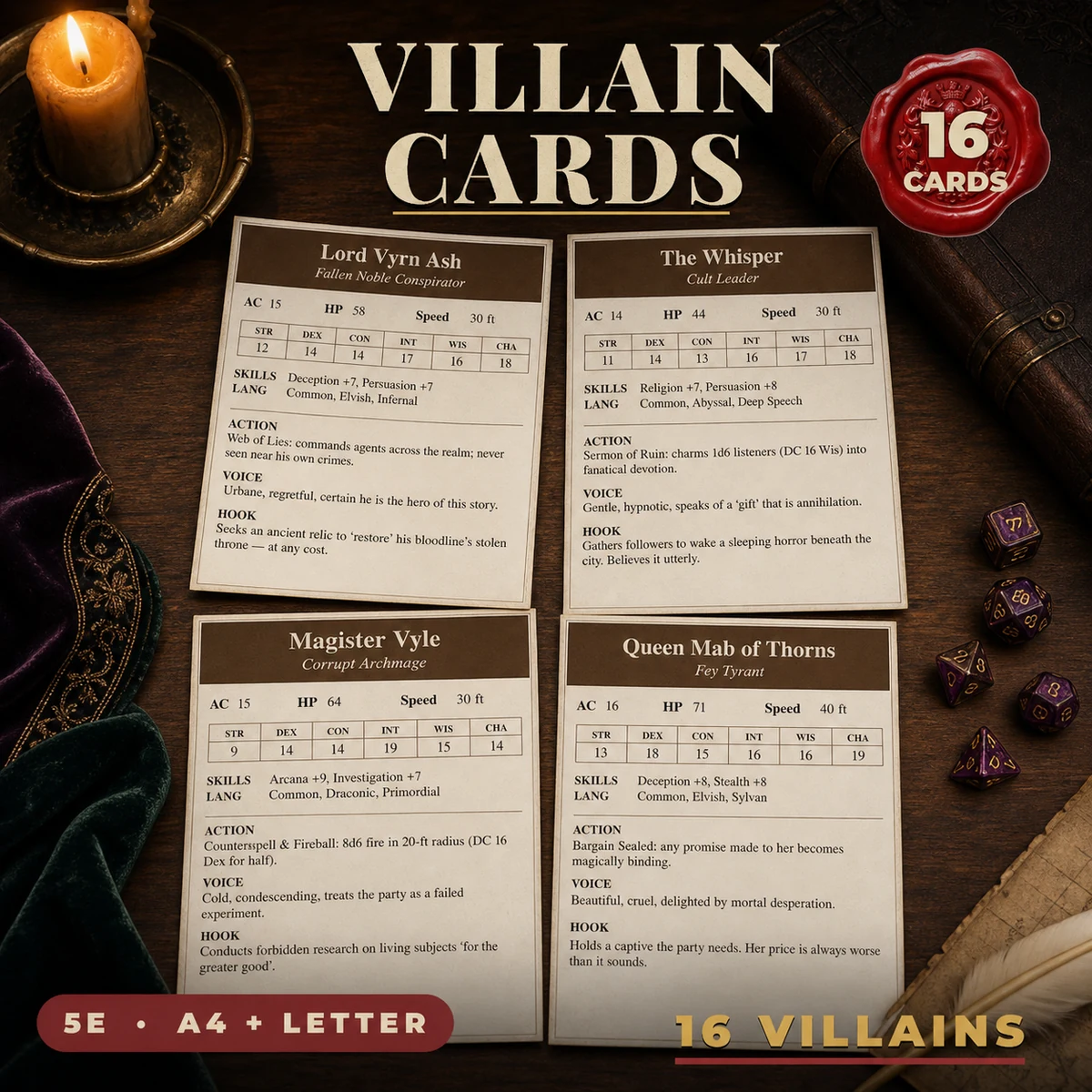 Villain Cards for DnD 5e | 16 Ready to Drop BBEG Villains with Stat Blocks, Voice and Schemes | Printable DM Tool | A4 and Letter — 16 Ready to Drop BBEG Villains with Stat Blocks, Voice and Schemes | Printable D