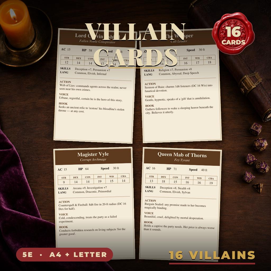 Villain Cards for DnD 5e | 16 Ready to Drop BBEG Villains with Stat Blocks, Voice and Schemes | Printable DM Tool | A4 and Letter — 16 Ready to Drop BBEG Villains with Stat Blocks, Voice and Schemes | Printable D