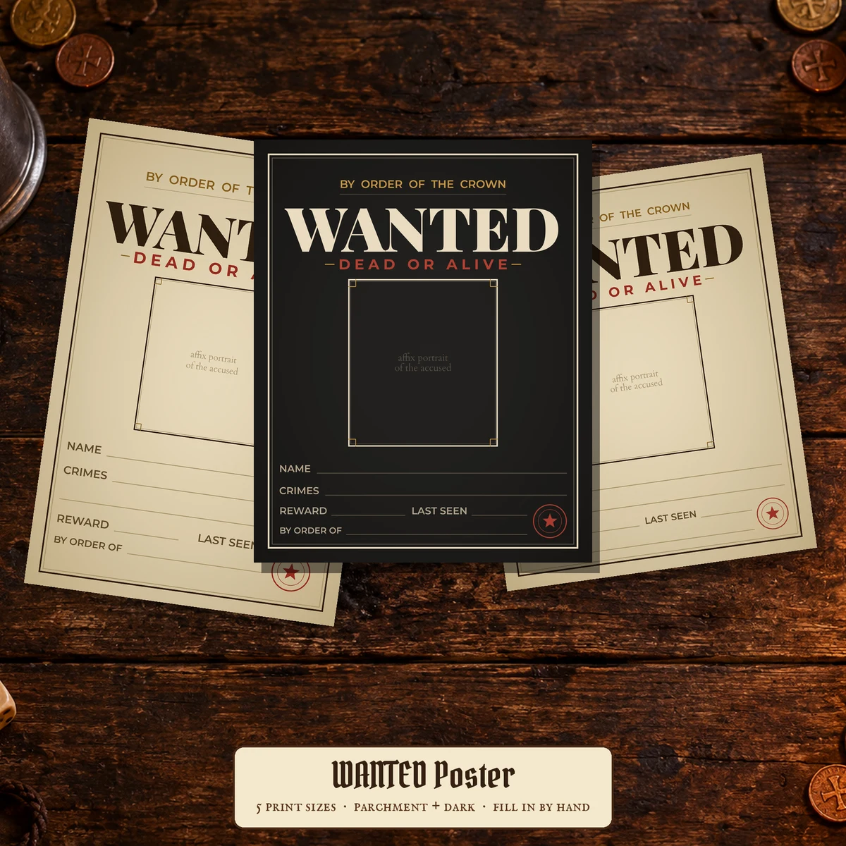DnD WANTED Poster Printable - Fill-In Bounty Notice - Dungeons and Dragons DM Prop - Character Wanted Sign - Instant Download 5 Sizes — Fill-In Bounty Notice - Dungeons and Dragons DM Prop - Character Wanted Sign - 