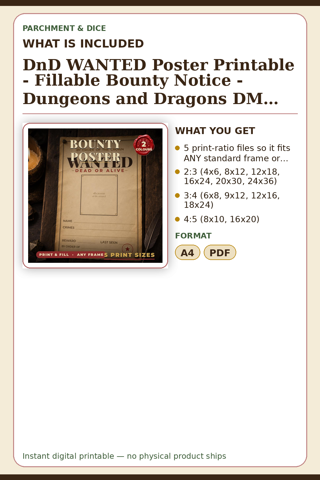 DnD WANTED Poster Printable - Fillable Bounty Notice - Dungeons and Dragons DM Prop - Character Wanted Sign - Instant Download 5 Sizes — What is included