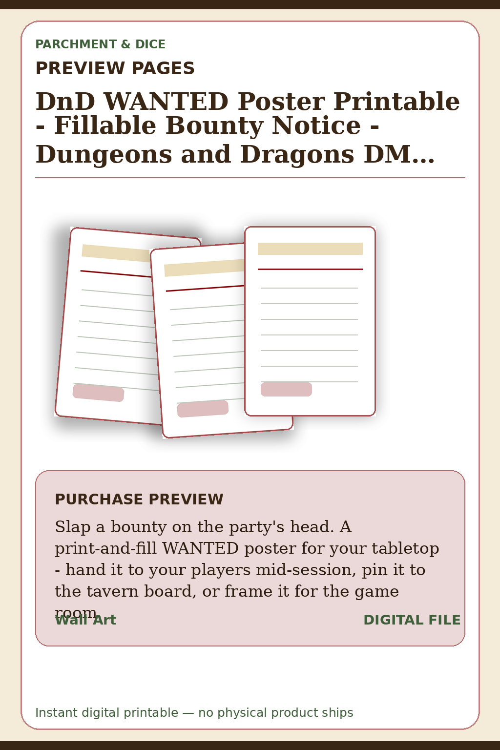 DnD WANTED Poster Printable - Fillable Bounty Notice - Dungeons and Dragons DM Prop - Character Wanted Sign - Instant Download 5 Sizes — Wanted Poster Preview Pages