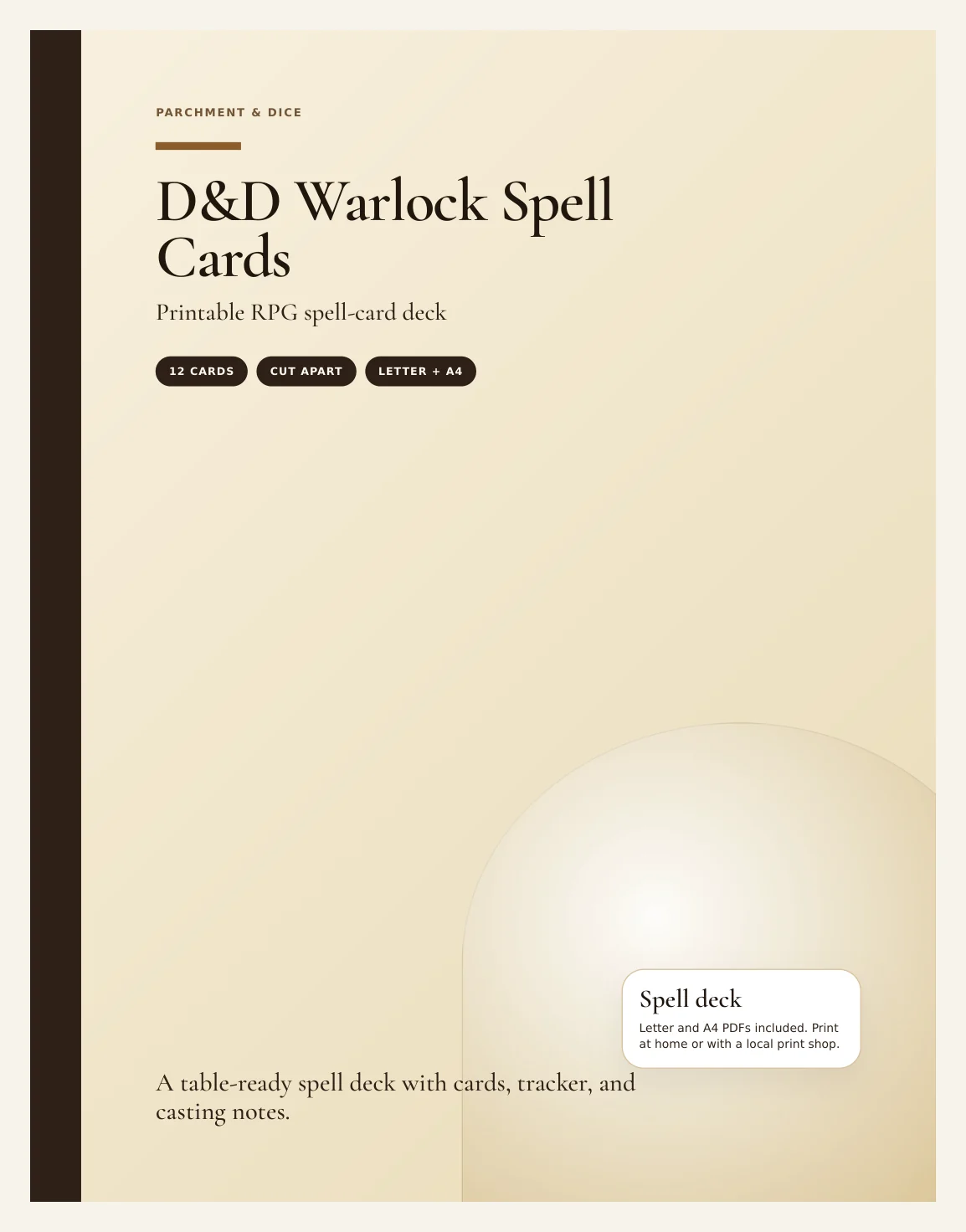 DnD Warlock Spell Cards 5e Printable PDF | 7 Cantrips + 11 Level 1 Spells | A4 + US Letter | RPG Reference — Preview page 1