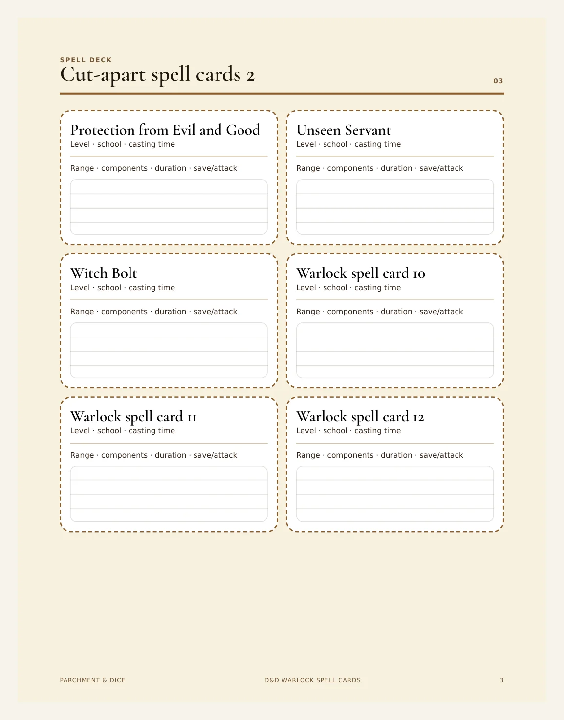 DnD Warlock Spell Cards 5e Printable PDF | 7 Cantrips + 11 Level 1 Spells | A4 + US Letter | RPG Reference — Preview page 2