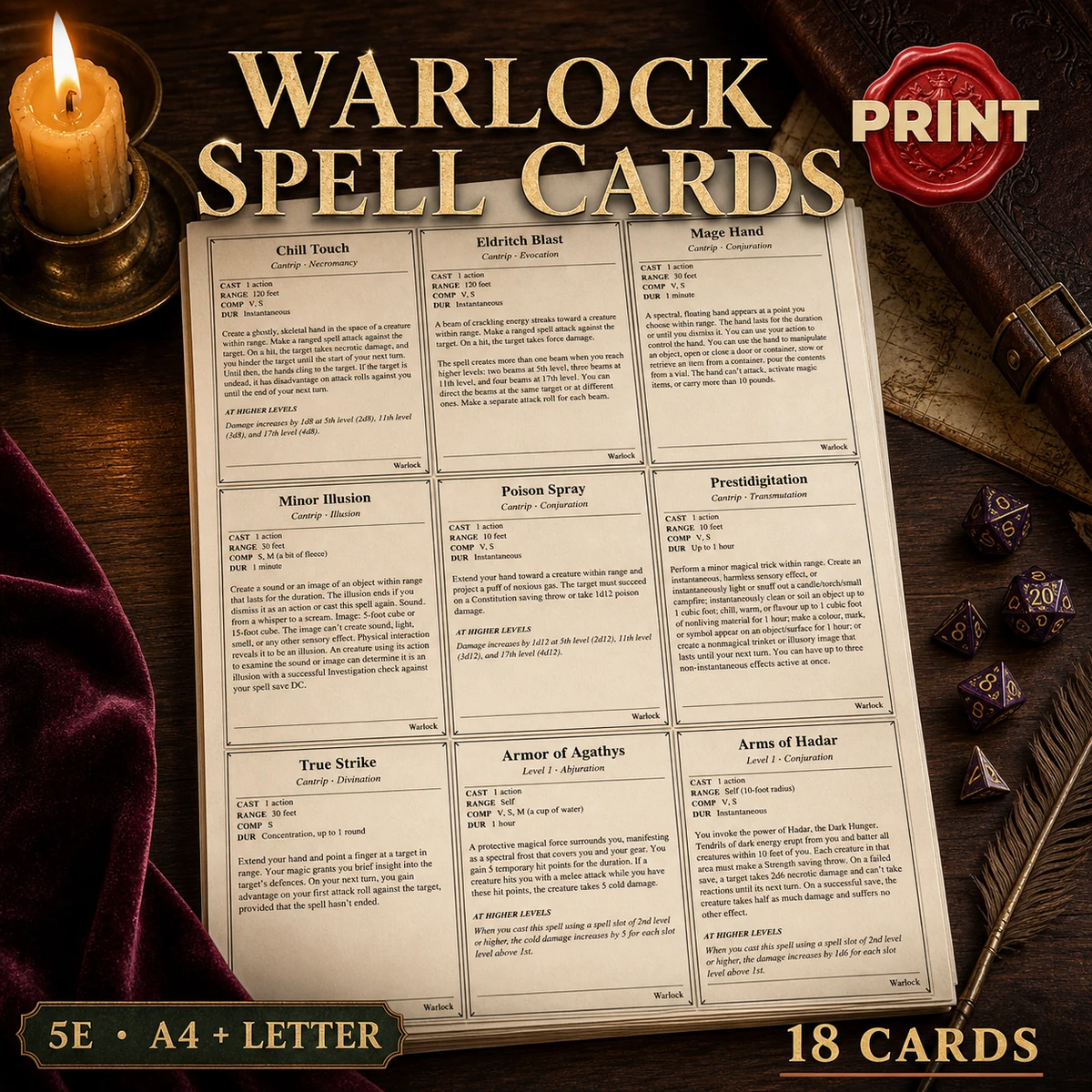 DnD Warlock Spell Cards 5e Printable PDF | 7 Cantrips + 11 Level 1 Spells | A4 + US Letter | RPG Reference — 7 Cantrips + 11 Level 1 Spells | A4 + US Letter | RPG Reference
