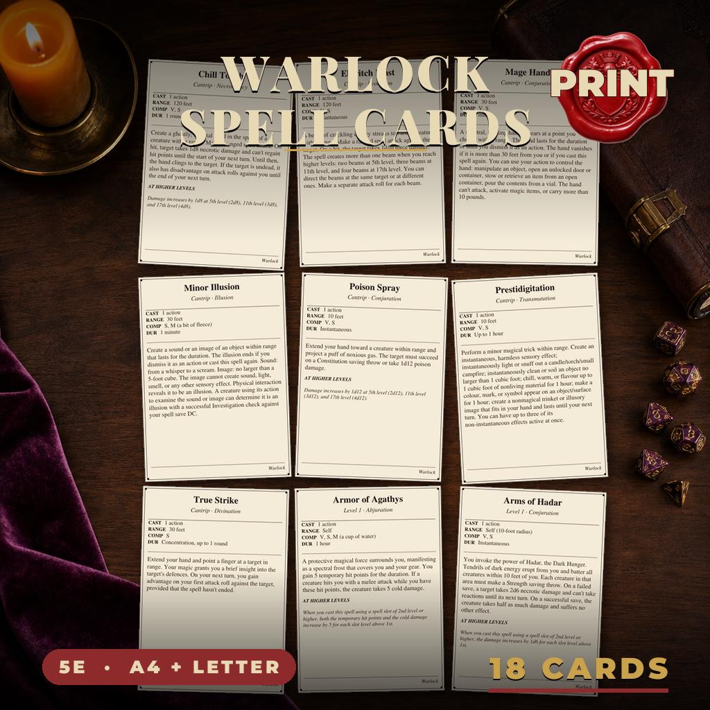 DnD Warlock Spell Cards 5e Printable PDF | 7 Cantrips + 11 Level 1 Spells | A4 + US Letter | RPG Reference — 7 Cantrips + 11 Level 1 Spells | A4 + US Letter | RPG Reference
