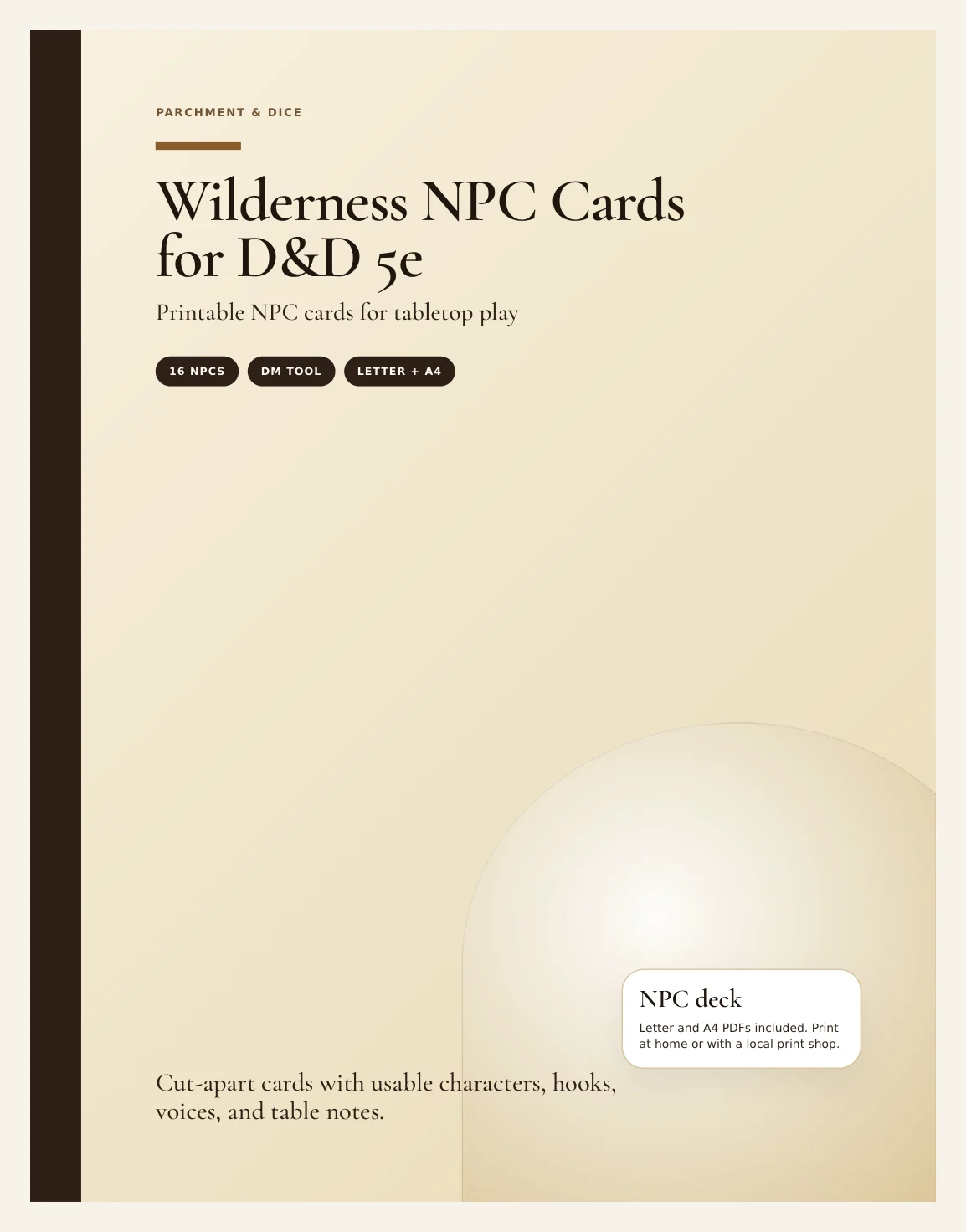 Wilderness NPC Cards for DnD 5e | 16 Ready to Drop Travel and Wilds NPCs with Stat Blocks, Voice and Hooks | A4 and US Letter — Preview page 1