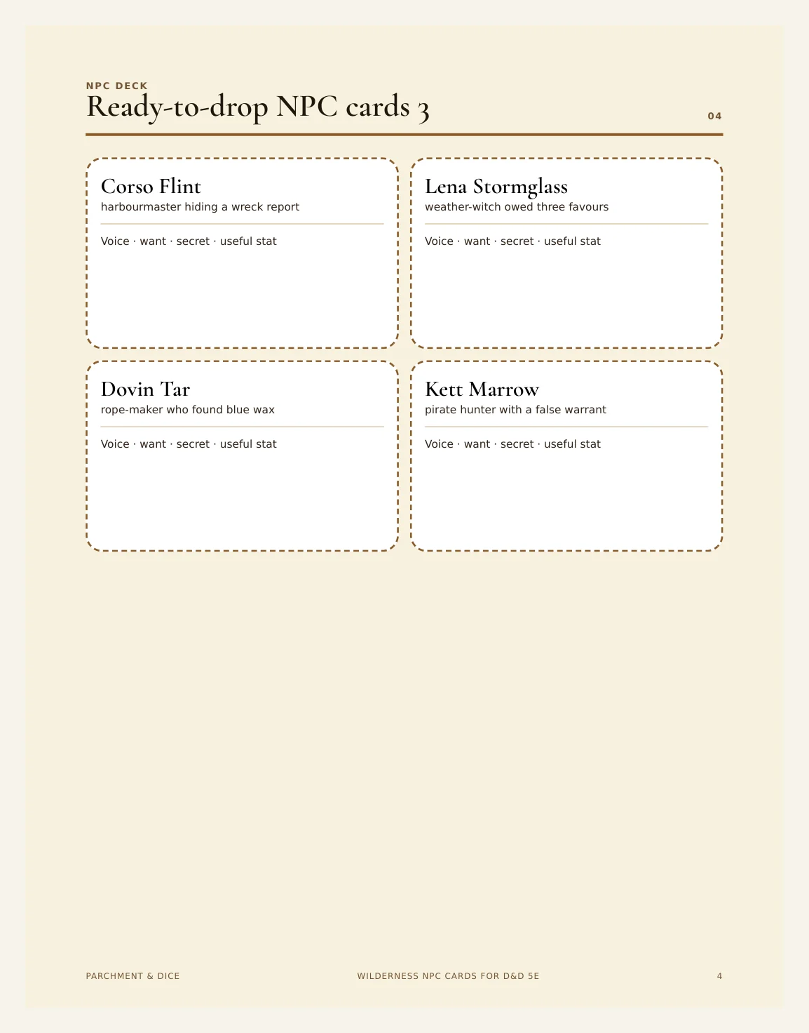 Wilderness NPC Cards for DnD 5e | 16 Ready to Drop Travel and Wilds NPCs with Stat Blocks, Voice and Hooks | A4 and US Letter — Preview page 2