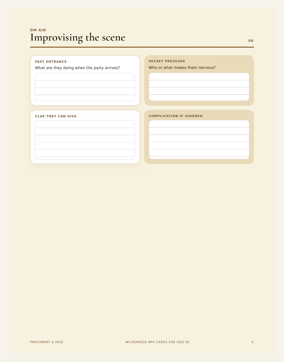 Wilderness NPC Cards for DnD 5e | 16 Ready to Drop Travel and Wilds NPCs with Stat Blocks, Voice and Hooks | A4 and US Letter — Wilderness Npc Cards Actual Buyer Preview 3