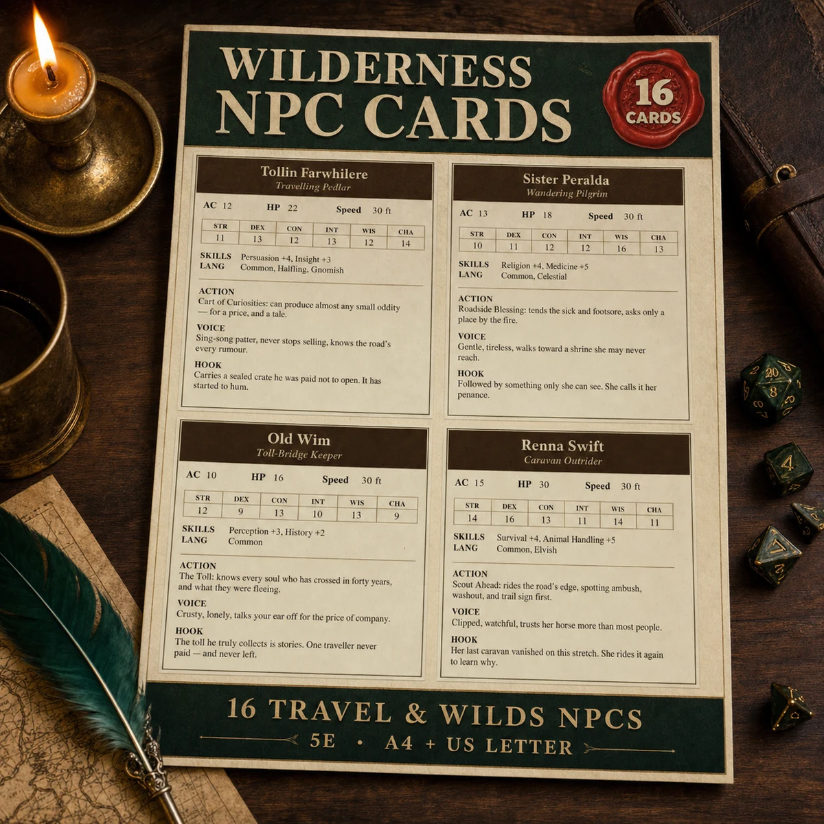 Wilderness NPC Cards for DnD 5e | 16 Ready to Drop Travel and Wilds NPCs with Stat Blocks, Voice and Hooks | A4 and US Letter — 16 Ready to Drop Travel and Wilds NPCs with Stat Blocks, Voice and Hooks | A4 an