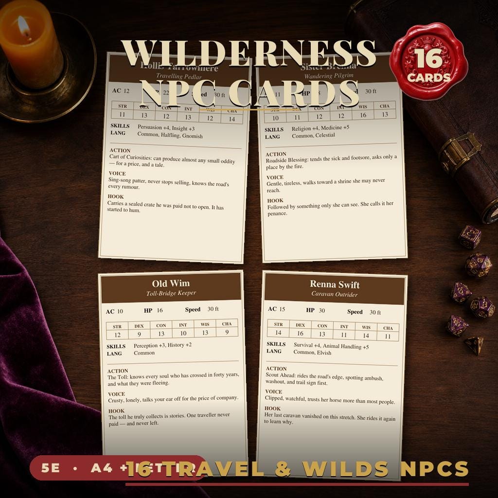 Wilderness NPC Cards for DnD 5e | 16 Ready to Drop Travel and Wilds NPCs with Stat Blocks, Voice and Hooks | A4 and US Letter — 16 Ready to Drop Travel and Wilds NPCs with Stat Blocks, Voice and Hooks | A4 an