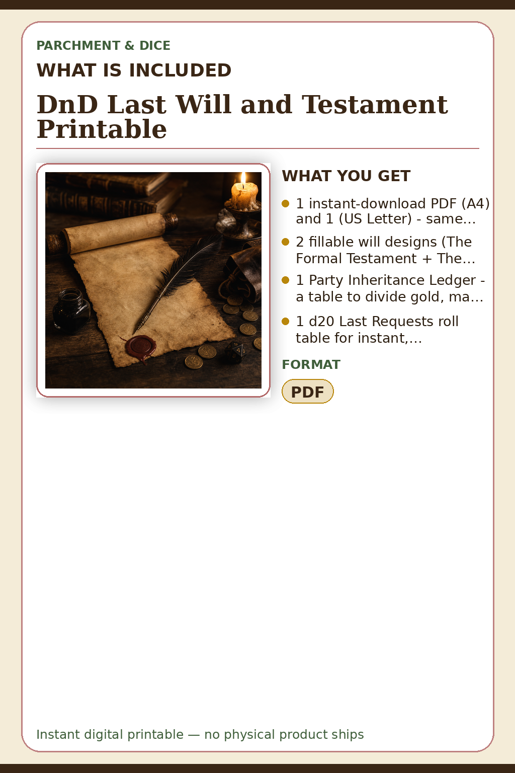 DnD Last Will and Testament Printable — What is included
