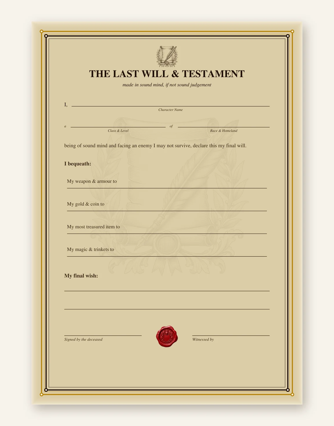DnD Last Will and Testament Printable — Preview page 1