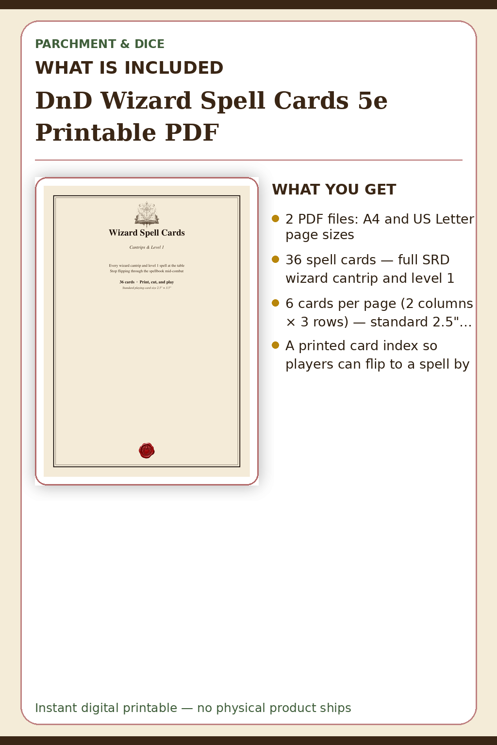 DnD Wizard Spell Cards 5e Printable PDF — What is included