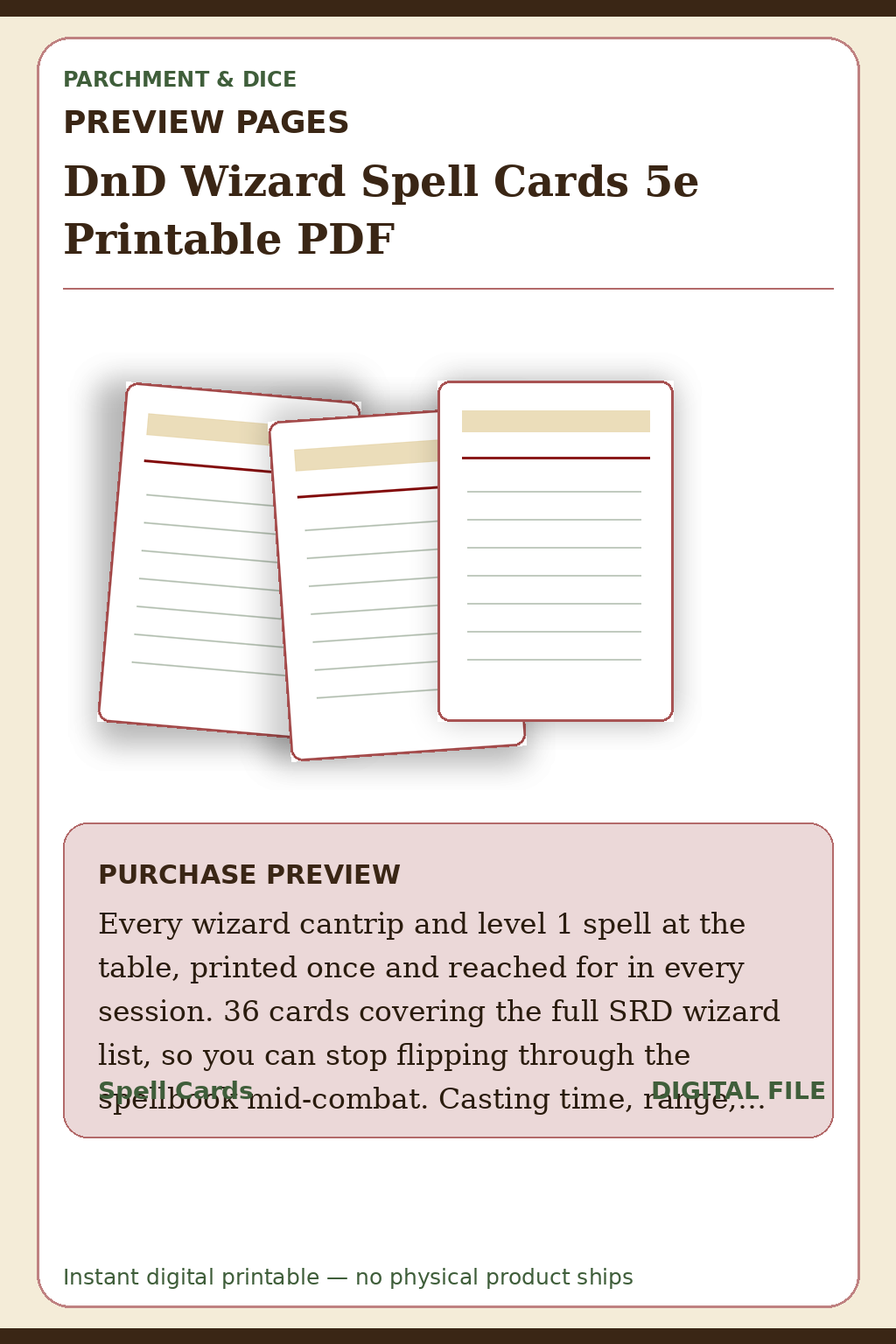 DnD Wizard Spell Cards 5e Printable PDF — Wizard Spell Cards Preview Pages