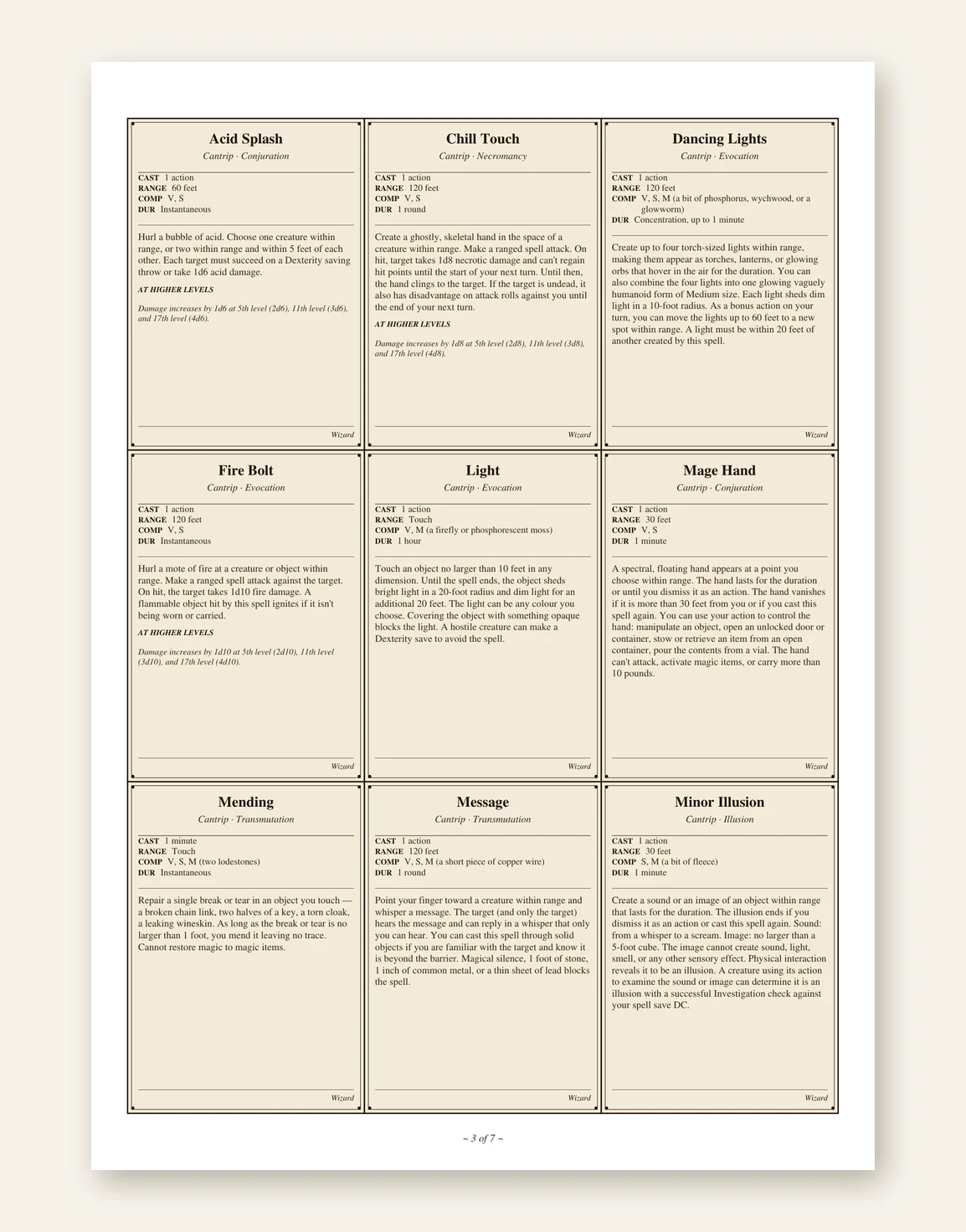 DnD Wizard Spell Cards 5e Printable PDF — Preview page 1