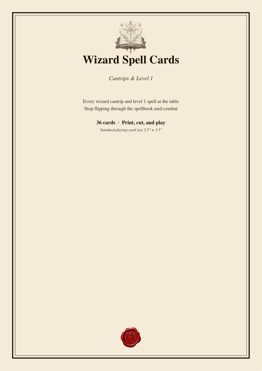 DnD Wizard Spell Cards 5e Printable PDF preview 1