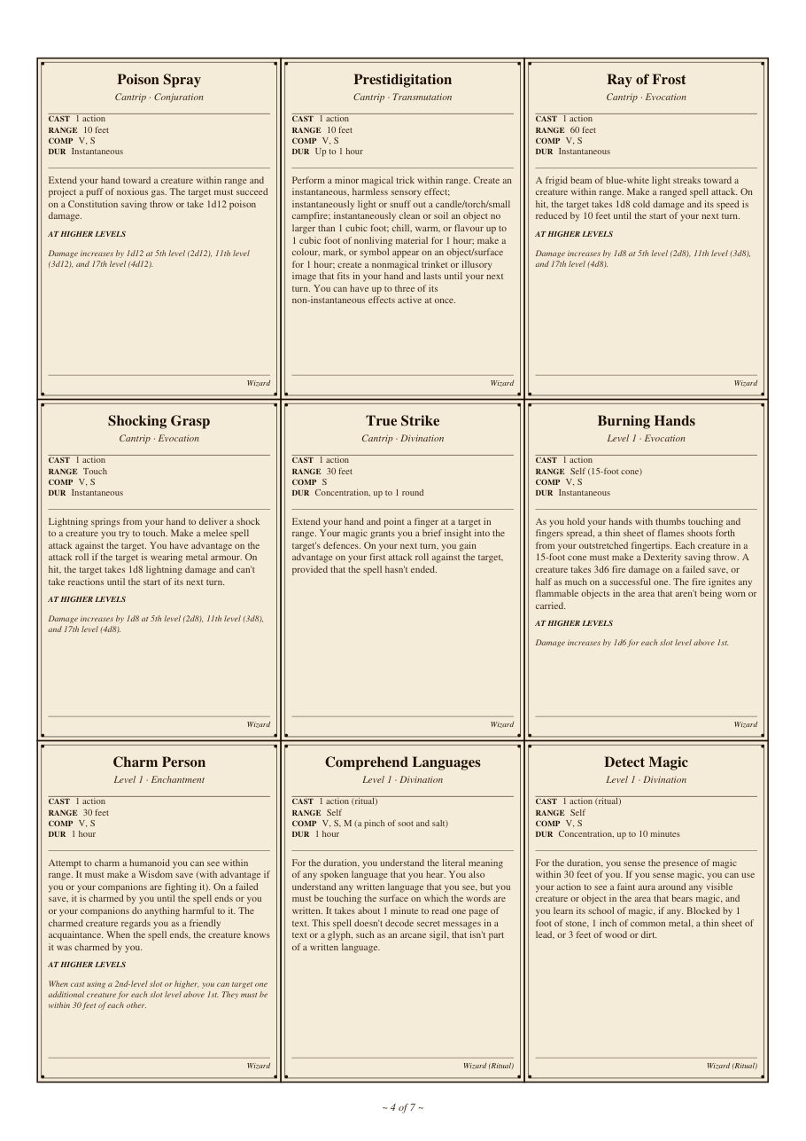 DnD Wizard Spell Cards 5e Printable PDF preview 4