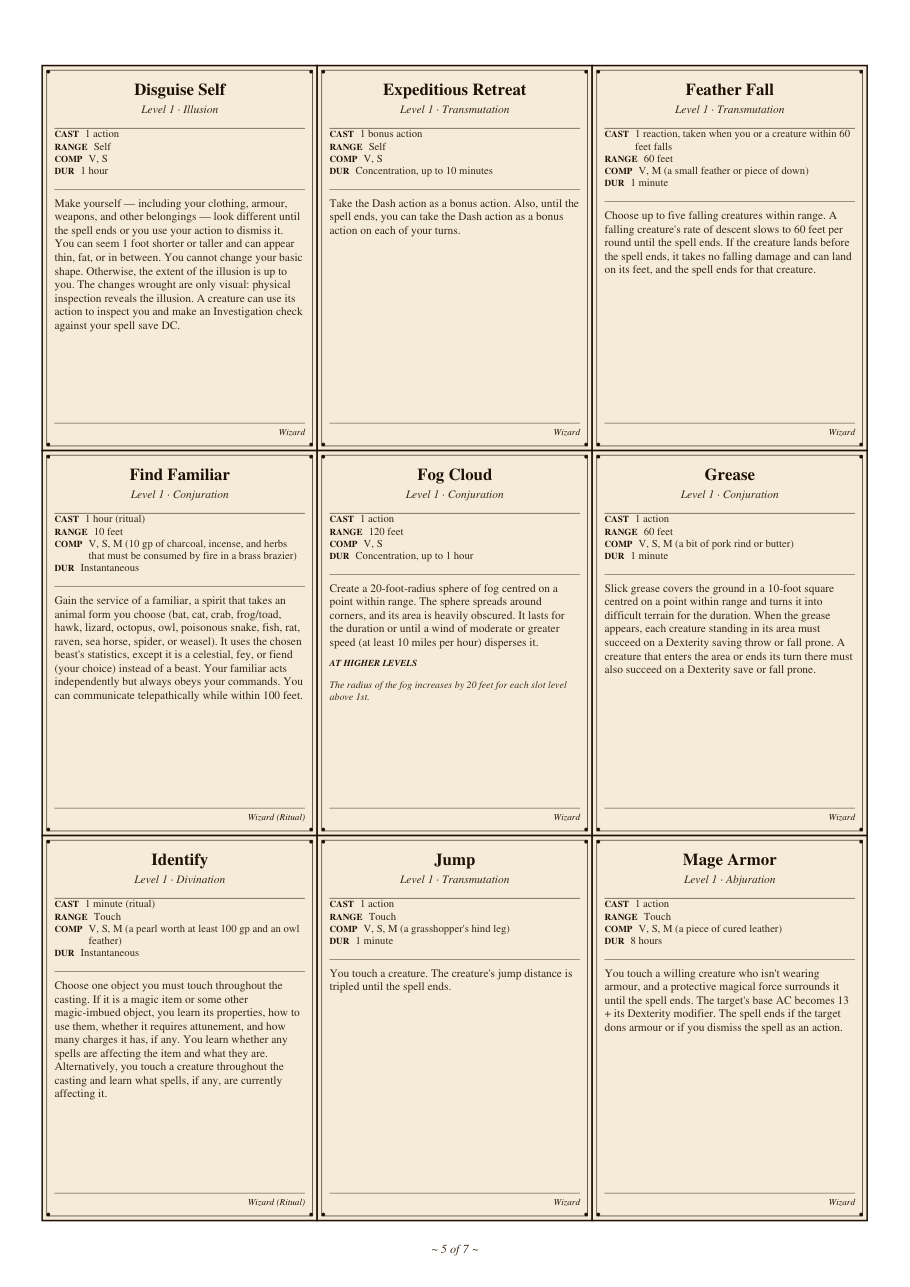 DnD Wizard Spell Cards 5e Printable PDF preview 5