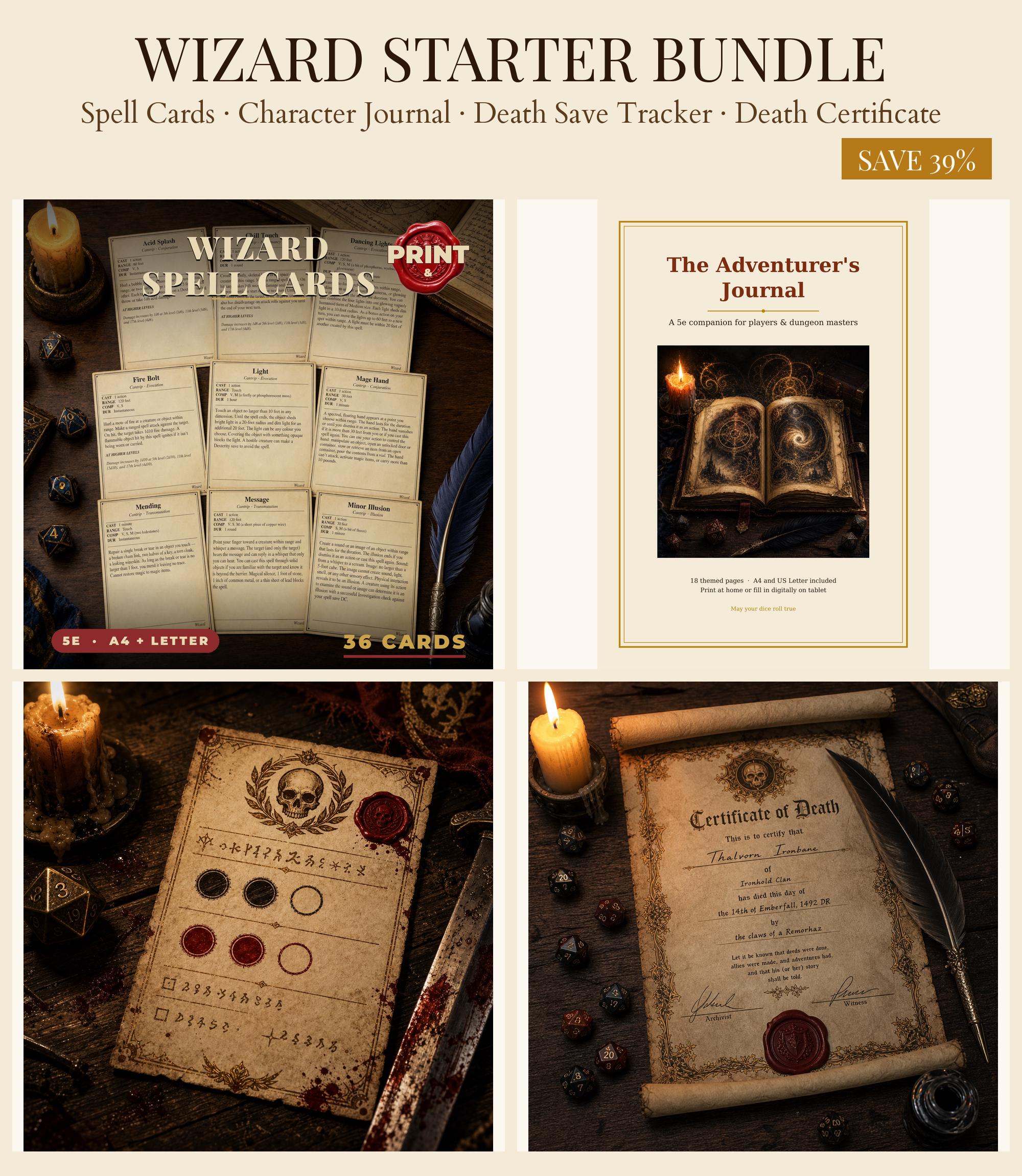 DnD Wizard Player Starter Bundle 5e Printable PDF | Spell Cards Character Journal Death Save Tracker | New Player Gift — Spell Cards Character Journal Death Save Tracker | New Player Gift