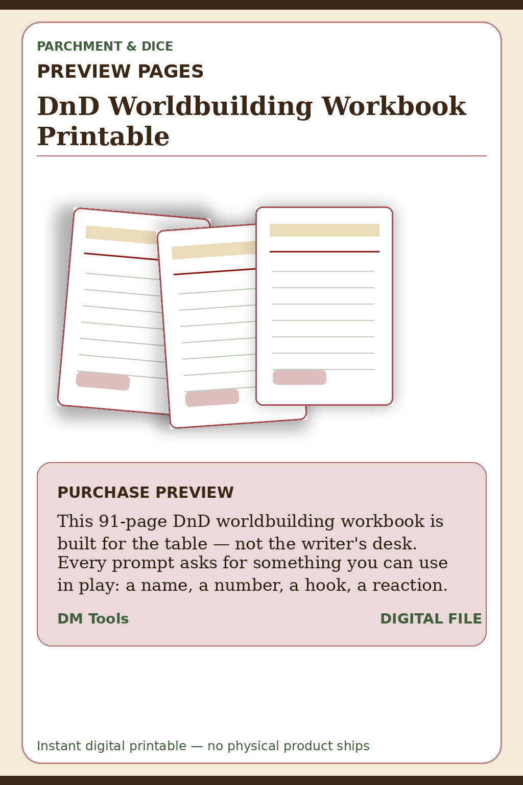 DnD Worldbuilding Workbook Printable — Worldbuilding Preview Pages
